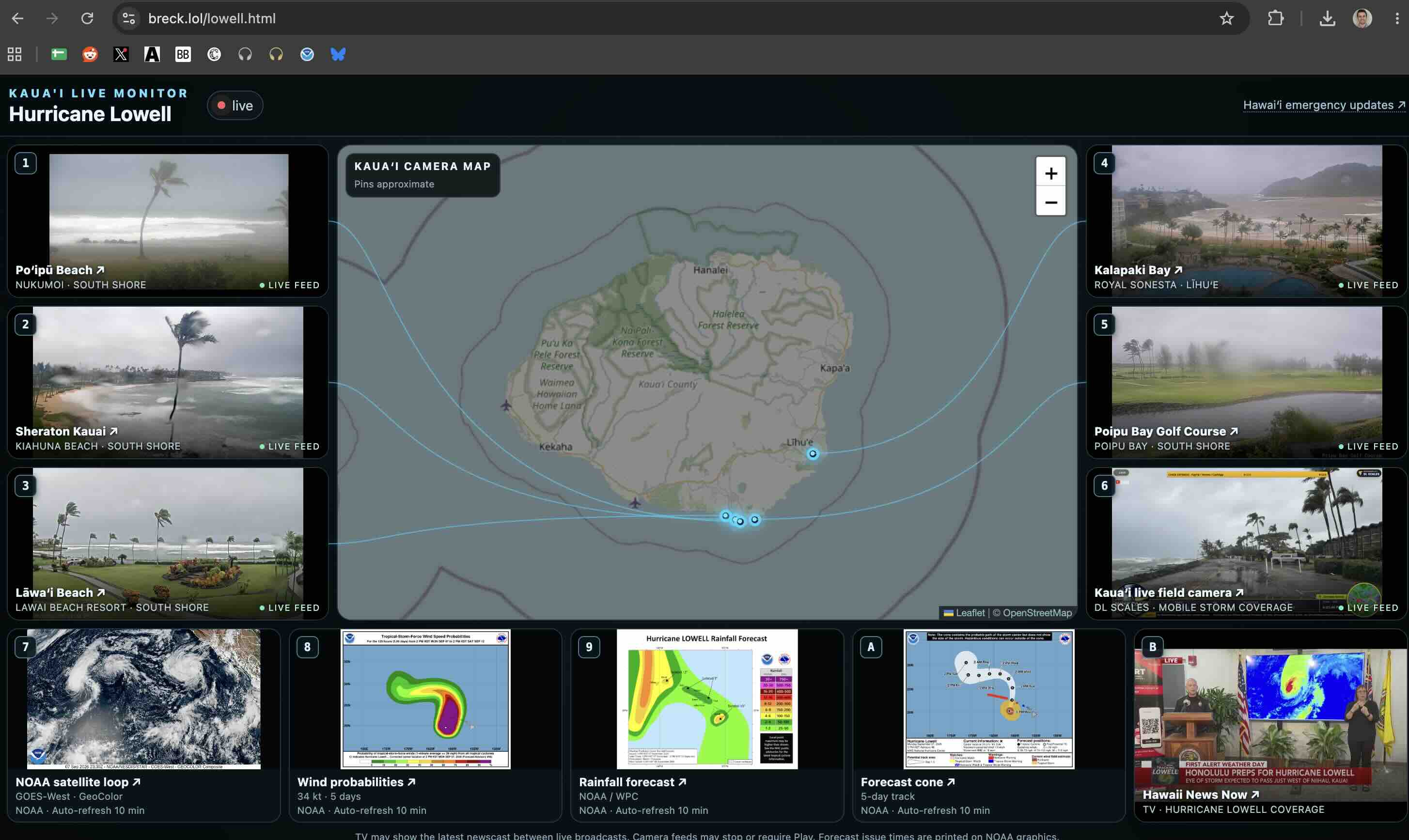 Lowell dashboard with a Kauaʻi map, coastal cameras, and weather imagery