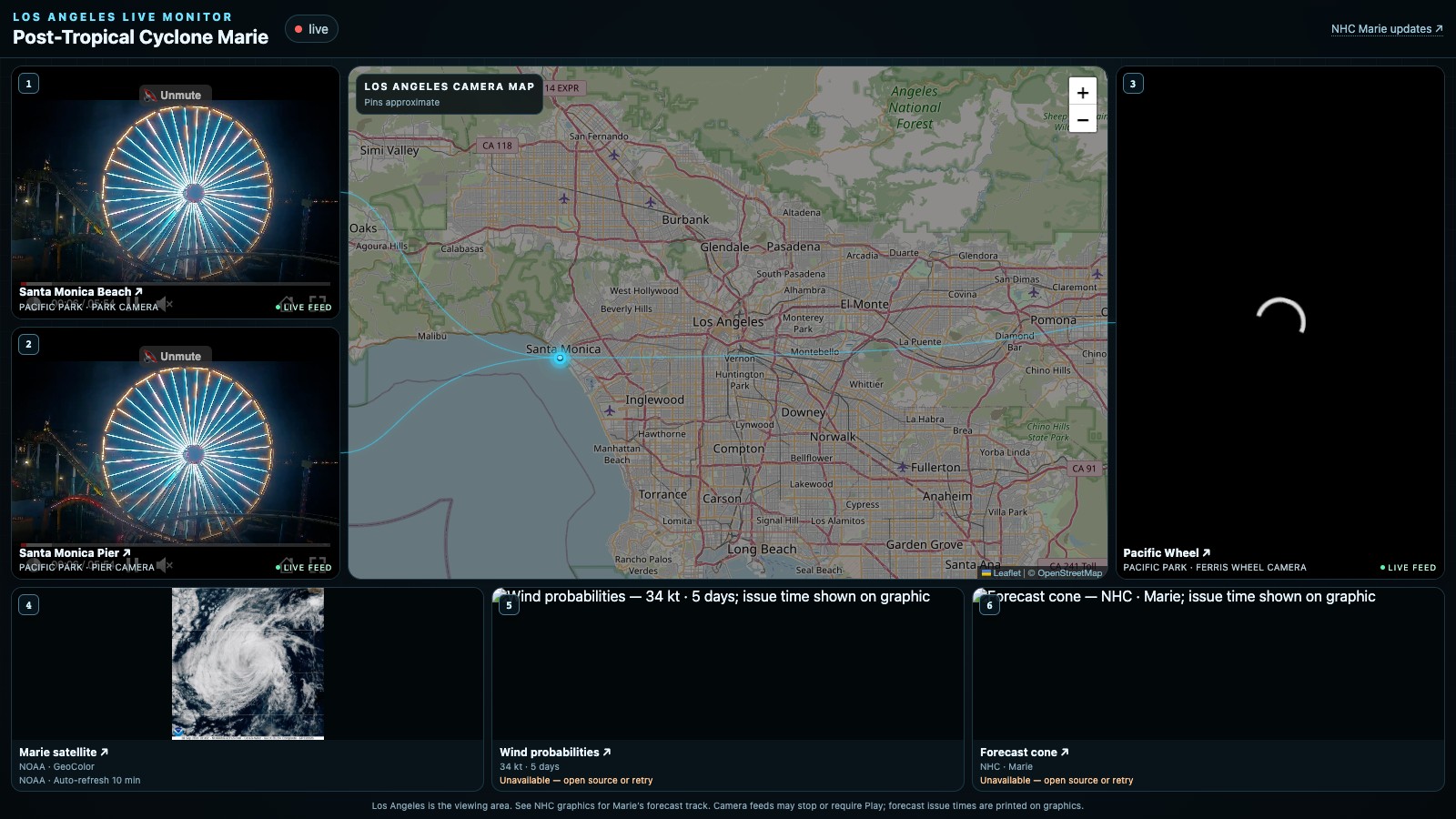 Marie dashboard with a Los Angeles map, Santa Monica cameras, and satellite imagery